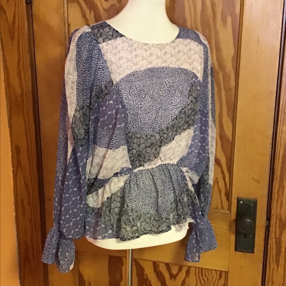 BB Dakota Patchwork Peplum Blouse Medium Boho Cottagecore Sheer Sleeve Ruffle - Picture 14 of 15